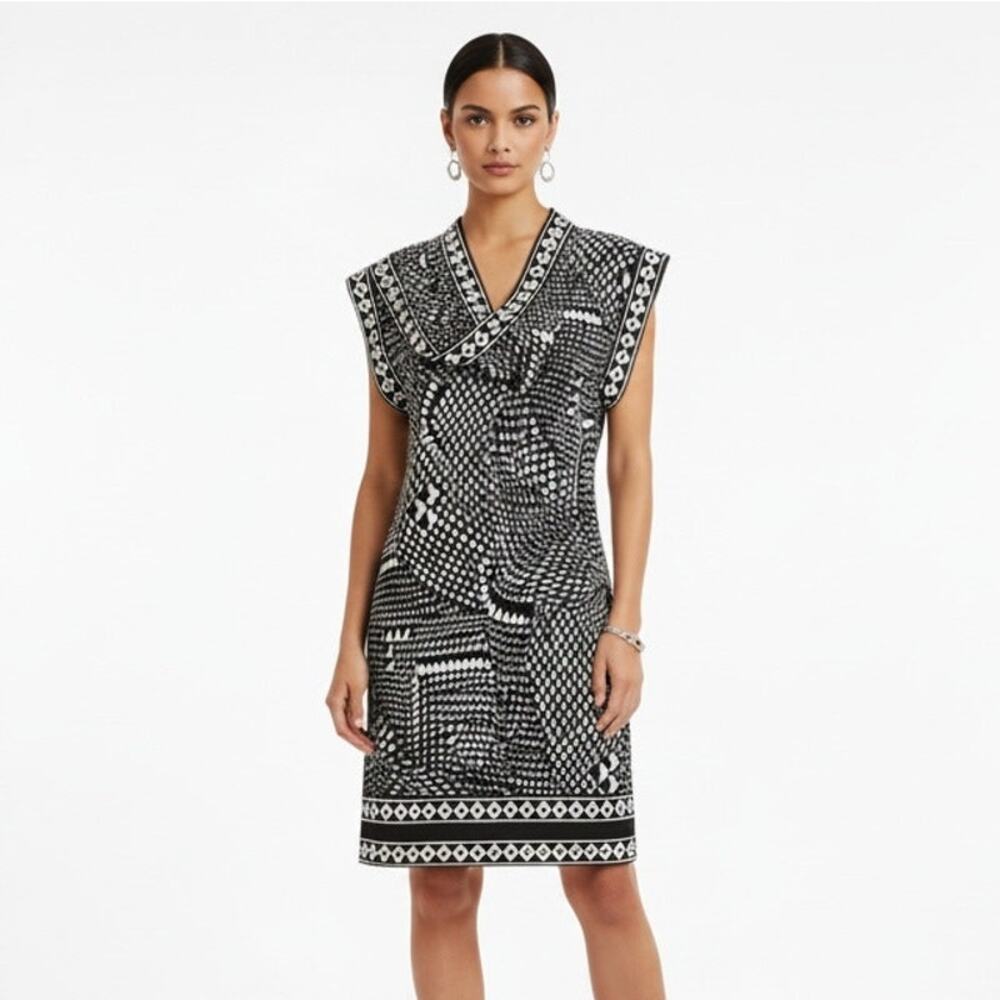 BCBGMAXAZRIA Geometric Knit Cowl Neck Dress S Black White Optical Mini NWOT